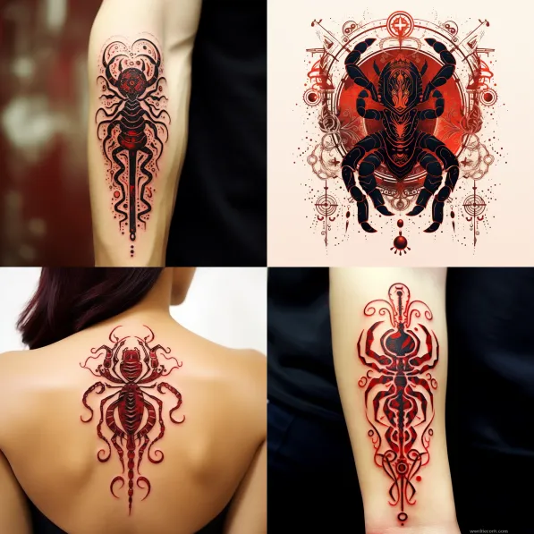 Skorpion tatoo Et skorpionmotiv der kan vaere baade mystisk og lidenskabeligt ofte i dybe roede eller sorte farver - Stjernetegn Tattoo: Din Guide til Astrologiske Tatoveringer
